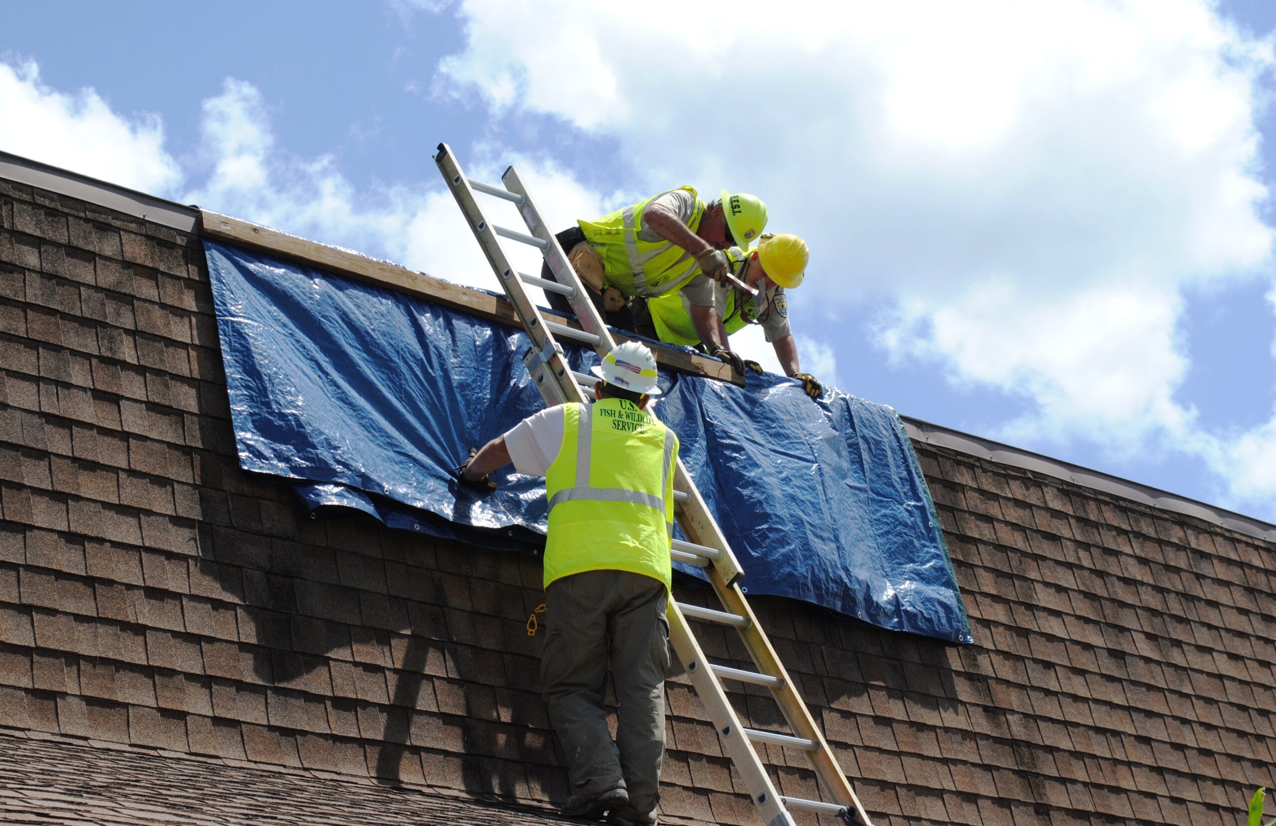 Workers Installing a Tarp On a Roof